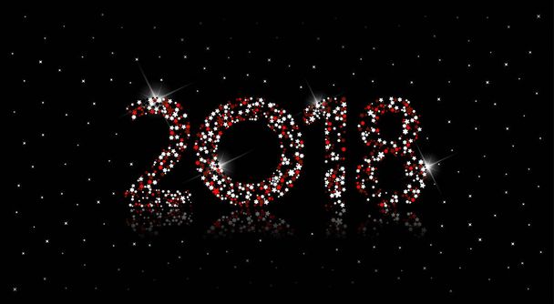 2018. Happy new year card with red dots number and white snowflakes. - Wektor, obraz