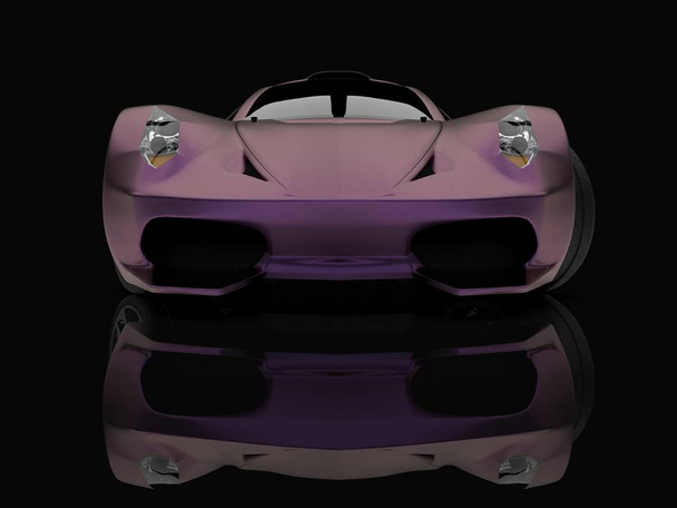 Μωβ αγωνιστικό αυτοκίνητο έννοιας. Εικόνα ενός αυτοκινήτου σε μαύρο γυαλιστερό φόντο. 3D rendering. - Φωτογραφία, εικόνα