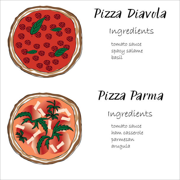Pizza beállítása kézzel rajzolt az összetevők firka graghic - Vektor, kép