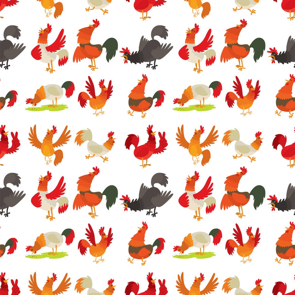 Cute cartoon rooster vector illustration chicken farm animal agriculture domestic character seamless pattern background - Vektor, Bild
