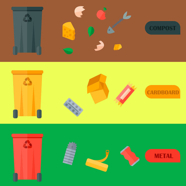 Weste recycling vector vuilnis kaarten afval soorten verwerking behandeling remaking van de trash sorteren gebruiken recycling pictogrammen illustratie. Vuilnis dozen en bakken - Vector, afbeelding