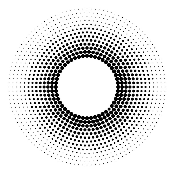 Fondo punteado medio tono distribuido circularmente. Patrón vectorial de efecto de medio tono. Puntos de círculo aislados en el fondo blanco
. - Vector, Imagen