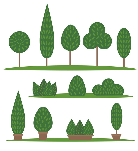 Jardín y parque. Árboles y arbustos de dibujos animados
 - Vector, imagen