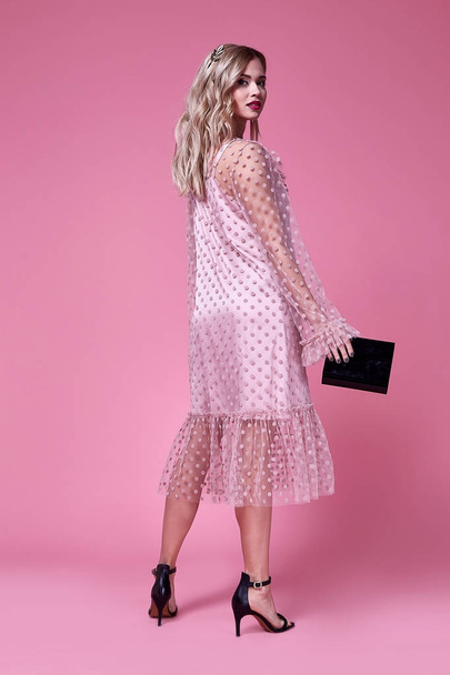 Sexy woman beautiful lady wear fashion designer silk pink dress  - Фото, изображение
