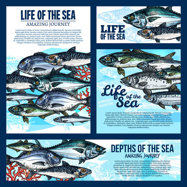 Θάλασσα ζωή πανό με ψάρια και τον ωκεανό των ζώων σκίτσο - Διάνυσμα, εικόνα