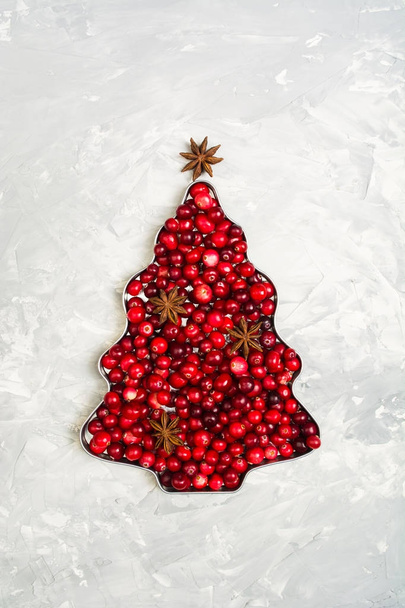 Christmas tree with cranberry and star anise over gray background - Photo, Image