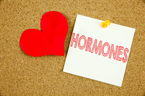 Conceptual hand writing text caption inspiration showing Hormones concept for Hormone Pill and Love written on sticky note, reminder cork background with copy space - Photo, Image