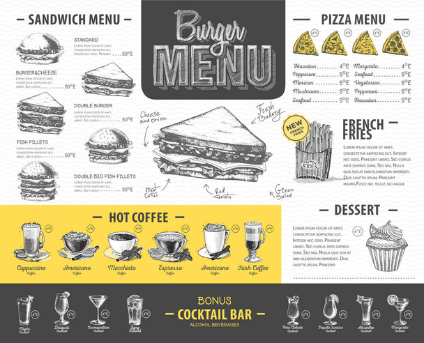 Vintage burger menu design. Nabídka rychlého občerstvení - Vektor, obrázek