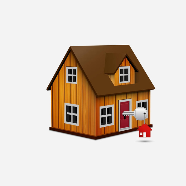 Ilustración vectorial de casa con llave y baratija roja en cerradura
 - Vector, imagen