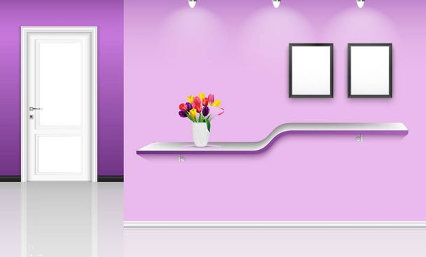 Vector illustration of Purple wall background with frames and flowers pot over shelf - Vector, Image