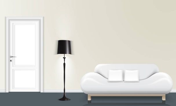 Векторная иллюстрация фона Белой стены с напольной лампой и белым диваном
 - Вектор,изображение