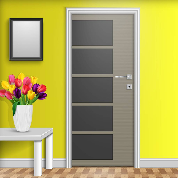 Vector illustration of Closed door with vase and flowers over white table isolated on yellow wall background - Vector, Image