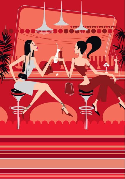 Δύο όμορφα κορίτσια πίνουν κοκτέιλ σε ένα σχεδόν του tclub. Λαμπερό νεαρές γυναίκες κάθονται σε ένα μπαρ. Εικονογράφηση για το φόντο. Εικόνας για εκτύπωση, banner ή ιστοσελίδα.   - Διάνυσμα, εικόνα