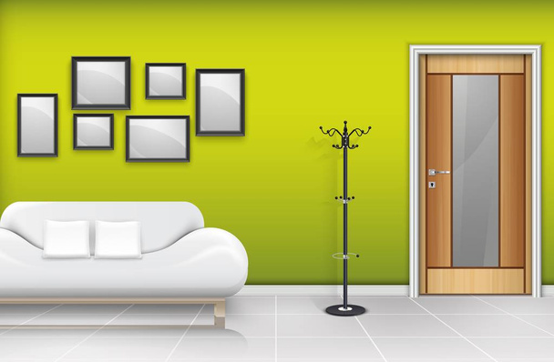 Εικονογράφηση διάνυσμα κλειστή πόρτα από ξύλο με λευκό καναπέ και τα μαξιλάρια - Διάνυσμα, εικόνα