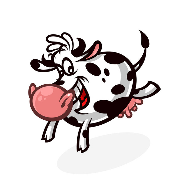 Cartoon cute cow. Emblem for printing. The running cow. Image is isolated on white background. Funny animal mascot. A hilarious character for a game or a cartoon. - Vector, Image