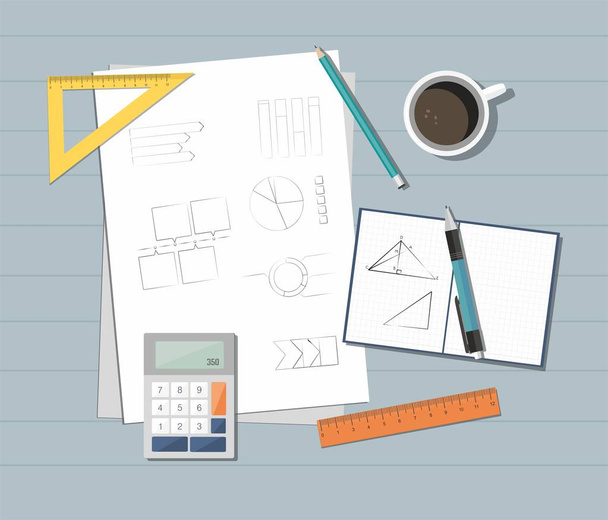 Local de trabalho. Papel com régua, lápis, caneta e calculadora na mesa
 - Vetor, Imagem