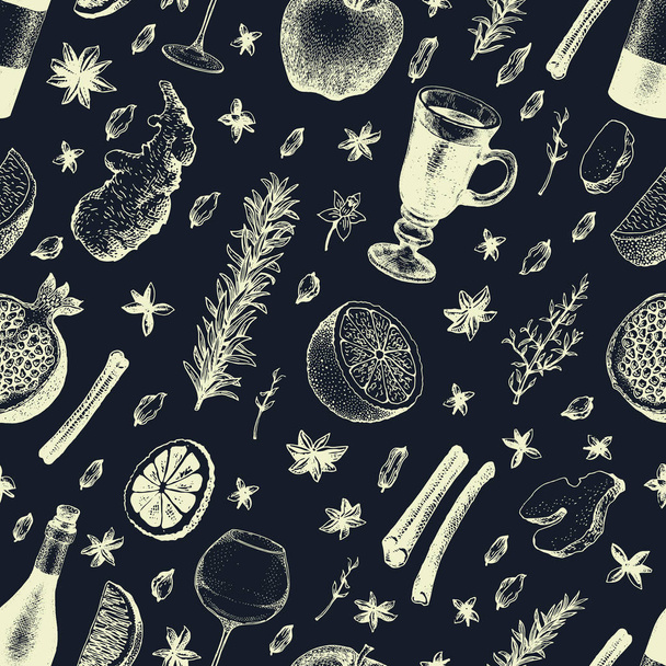 Winter seamless pattern with mulled wine, spices and fruits. Hand drawn vector retro Illustration. Background in sketch style. Winter drink. - Вектор,изображение