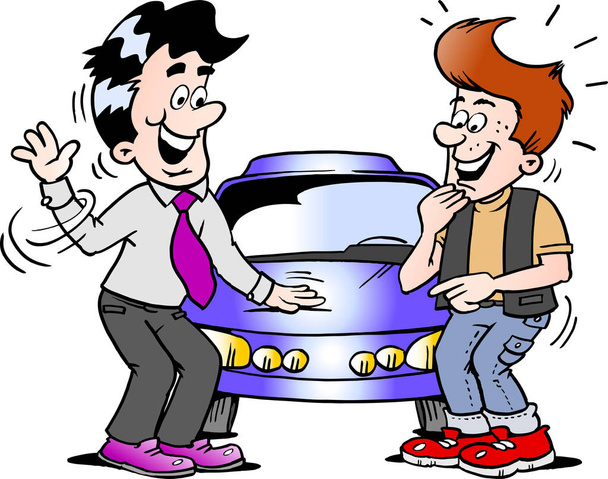 Kreskówka wektor ilustracja młody człowiek myśli o zakupie nowego samochodu sportowego - Wektor, obraz
