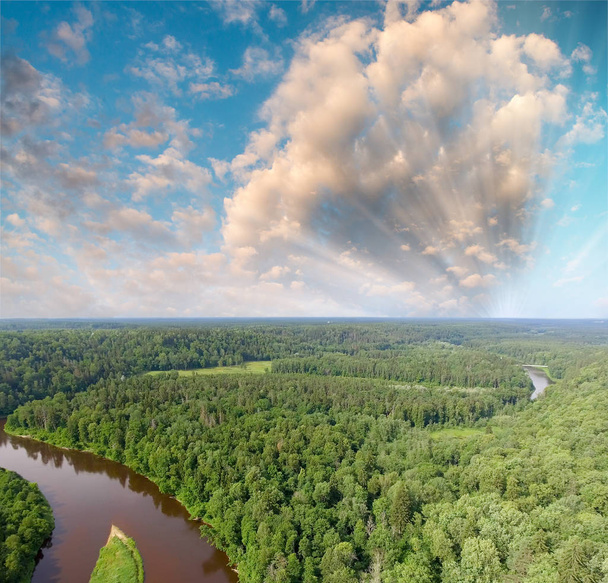A légi felvétel a gyönyörű folyó egész erdőben - Fotó, kép