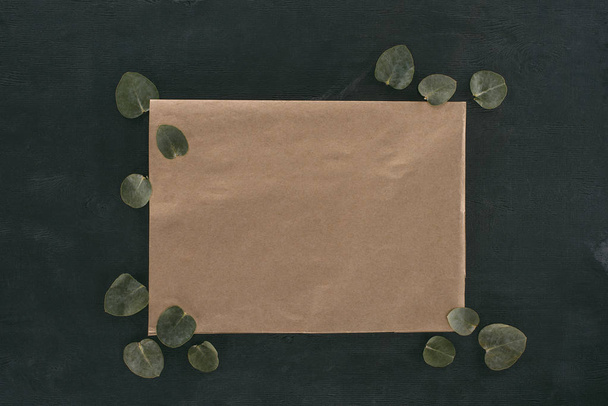 Ansicht von oben: leerer Papierumschlag mit Eukalyptusblättern auf schwarzem Hintergrund - Foto, Bild