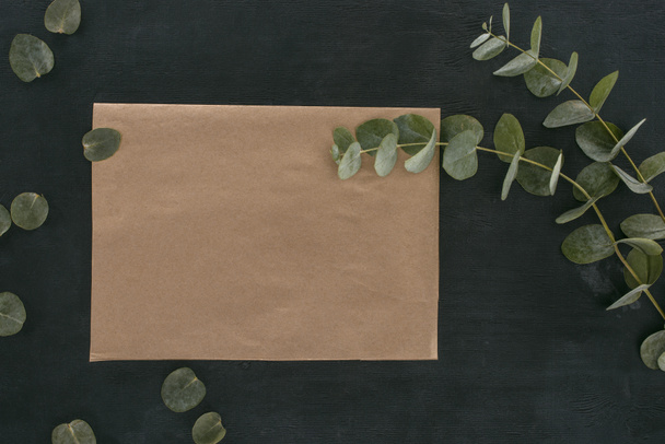 vista superior do envelope de papel em branco com ramos de eucalipto sobre fundo preto
 - Foto, Imagem