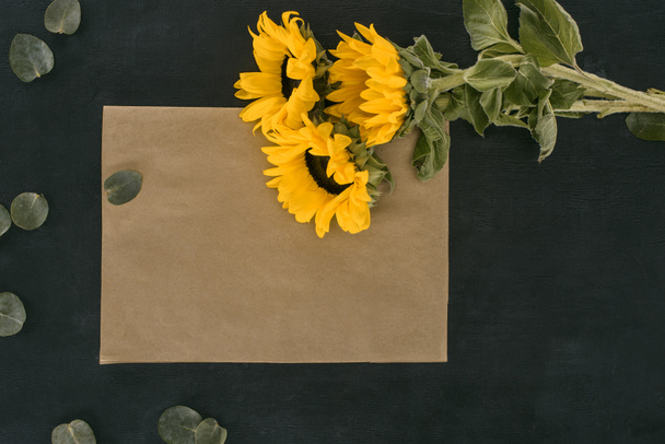 ylhäältä näkymä tyhjä paperi kirjekuori auringonkukat mustalla taustalla
 - Valokuva, kuva