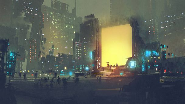 yö maisemia futuristinen kaupunki monia ihmisiä teleport station, digitaalisen taiteen tyyli, kuvitus maalaus
 - Valokuva, kuva