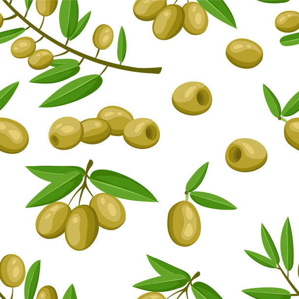 Seamless pattern green olives branch with leaves healthy vegetables and vegetarian fresh organic food vector illustration on white background web site page and mobile app design. - Vektor, kép