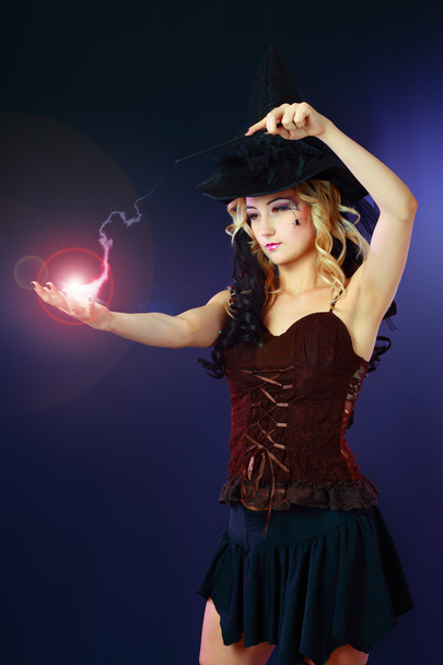 Woman making spell with magic fireball - Fotoğraf, Görsel