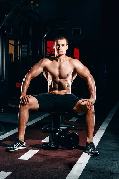 Professional bodybuilder, bodybuilder sitting on a bench, resting between exercises with dumbbells in the gym, training for the biceps. A great training of a muscular man. Motivation. Thoracic muscles - Foto, immagini