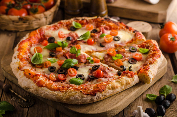 Rustic pizza with tomato, cheese, salami - Фото, зображення
