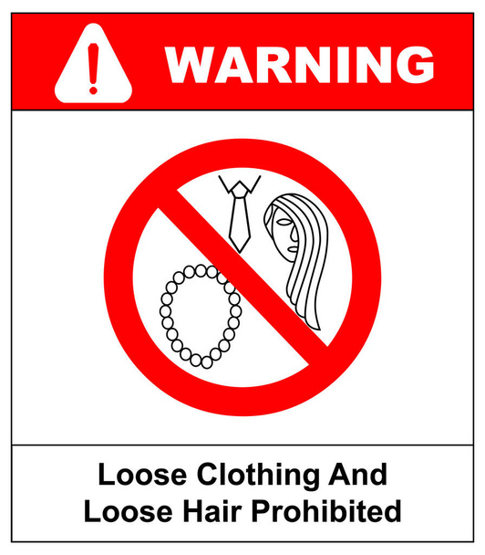 Χαλαρά ρούχα και μακριά μαλλιά απαγορευμένη πινακίδα. Λειτουργία με nacklace, γραβάτα ή μακριά μαλλιά απαγορευμένες εικόνες. Εικονογράφηση διάνυσμα απομονώνονται σε λευκό. Προειδοποιητικό σύμβολο ασφαλείας για τους χώρους εργασίας - Διάνυσμα, εικόνα
