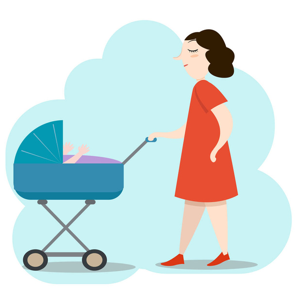 schöne junge Mutter in rotem Kleid, die mit ihrem Neugeborenen in einem blauen Kinderwagen spazieren geht - Vektor, Bild