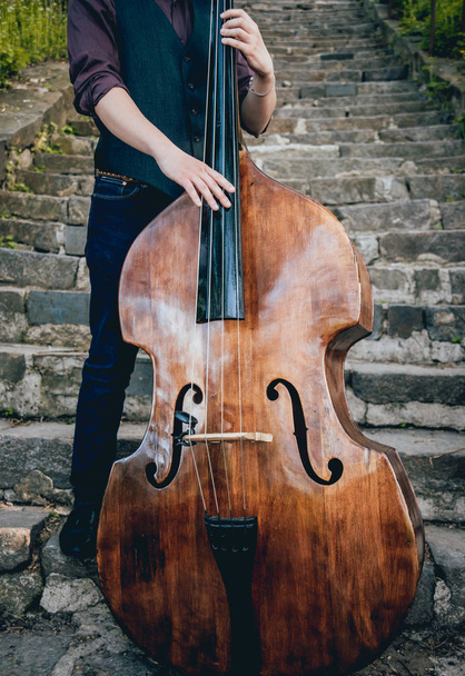 Musician playing contrabass at the street. - 写真・画像