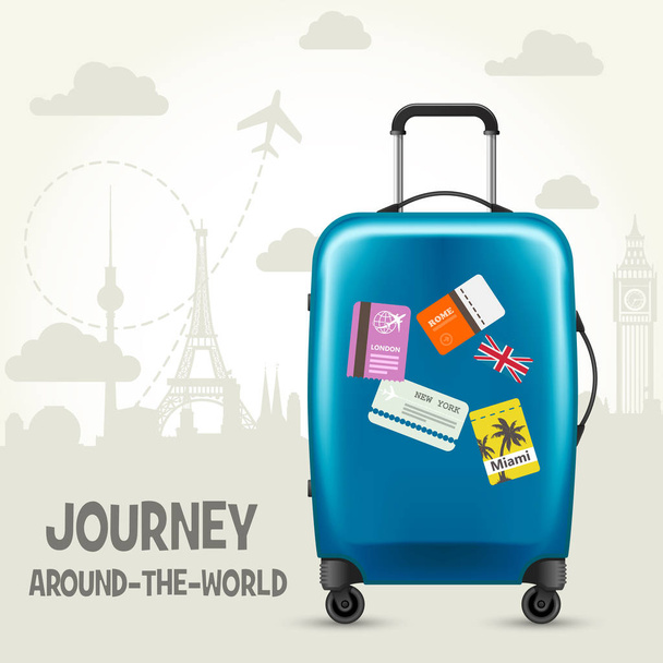 Modern blue plastic wheeled suitcase and european landmarks - to - Vector, Image