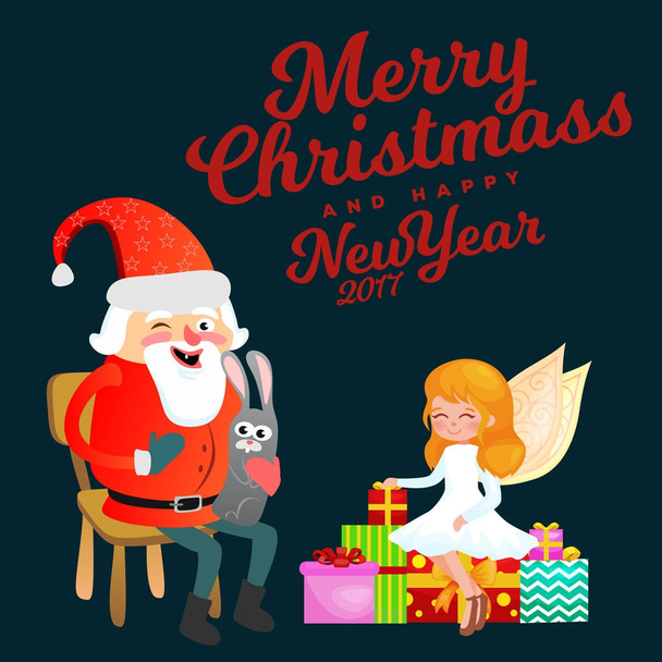Mikulás, szakáll piros kalapban ül a széken, nyúl a kezében ami kívánság, arany szárnya a mágikus tündéri segít, és előkészíti az ajándékok, karácsonyi és boldog új évet vektoros illusztráció feleségül - Vektor, kép