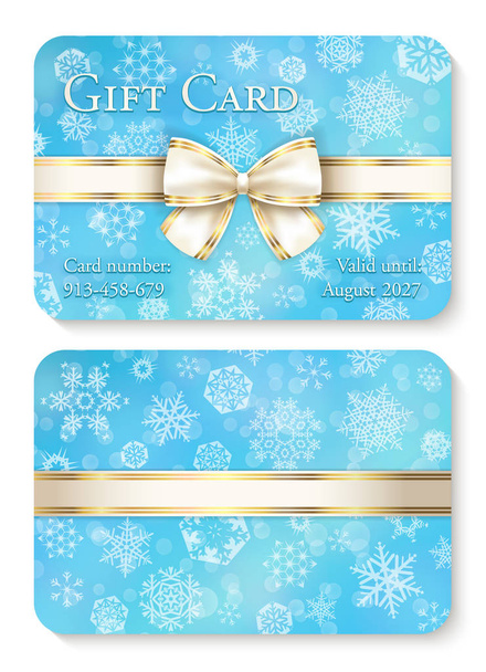 Luxe baby blauwe cadeau Kerstkaart met witte sneeuwvlokken in achtergrond en room lint als decoratie - Vector, afbeelding