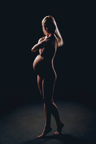 Güzel çıplak hamile kadın silüeti. Düşük anahtar ışık - Fotoğraf, Görsel