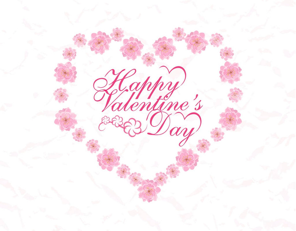 Valentine s Day. Card. Congratulatory inscription. Heart of pink flowers Sakura. illustration - Vector, afbeelding