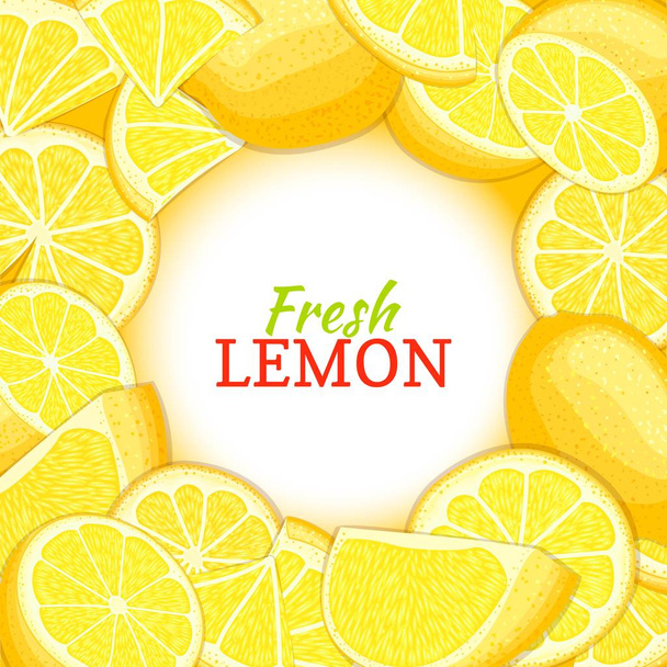Round white label on citrus lemon background. Vector card illustration. Tropical fresh and juicy yellow lime frame peeled slice leaf for design of food packaging juice breakfast, detox diet - Vector, Image