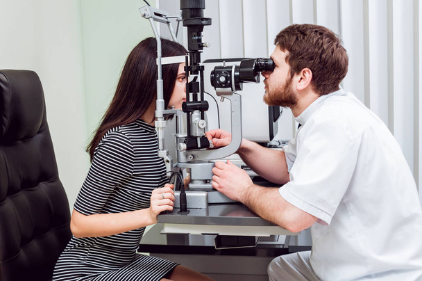 Slit lamp examination. Biomicroscopy of the anterior eye segment. Basic eye examination. Contact lenses checkup. - Photo, image