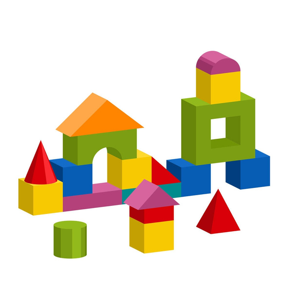 Πολύχρωμο μπλοκ παιχνίδι κτίριο πύργος, κάστρο, κατοικία - Διάνυσμα, εικόνα
