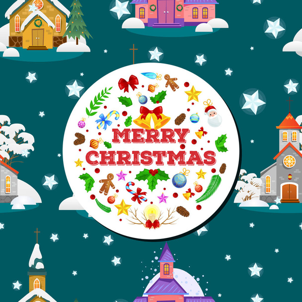 merry christmas and happy new year seamless pattern, church and green tree under snow, christianity and Catholic winter city cathedral vector illustration, religious holy background - Vector, Image
