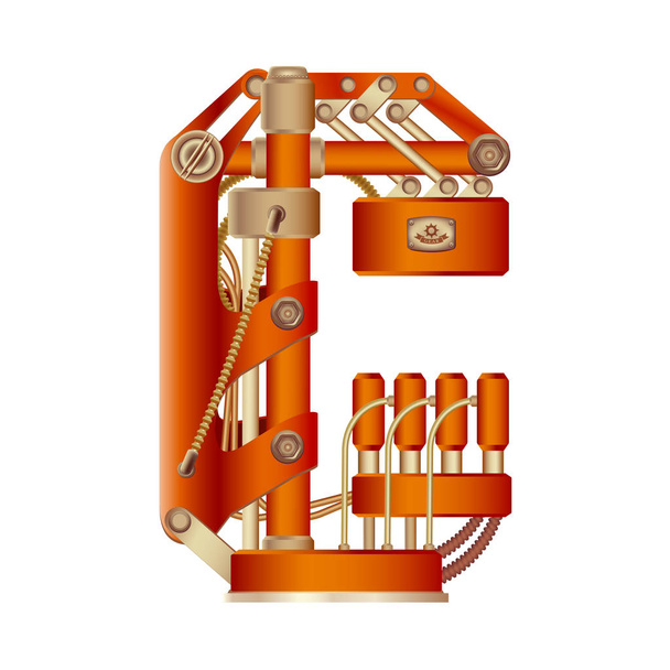 The letter C of the Latin alphabet, made in the form of a mechanism with moving and stationary parts on a steam, hydraulic or pneumatic draft. Isolated freely editable object on white background. - Vector, Image