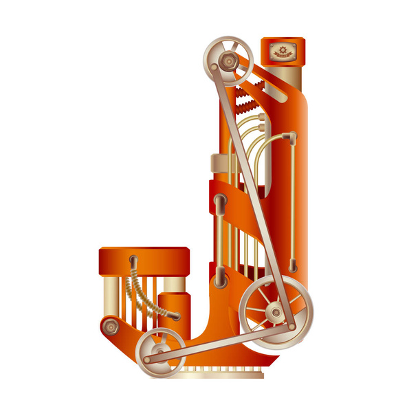 A letra J do alfabeto latino, feita na forma de um mecanismo com partes móveis e estacionárias em um vapor, hidráulico ou pneumático. Isolado objeto livremente editável em fundo branco
. - Vetor, Imagem