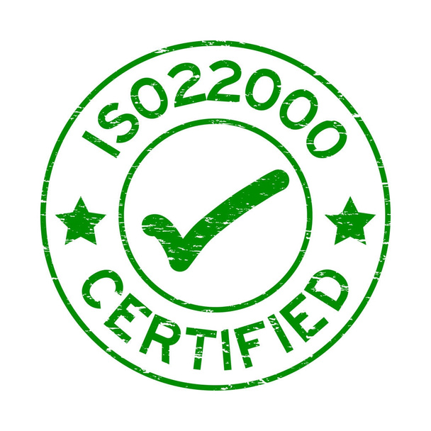 Grunge zielony Iso 22000 certyfikat z ikona znaku okrągły stempel pieczęć na białym tle - Wektor, obraz
