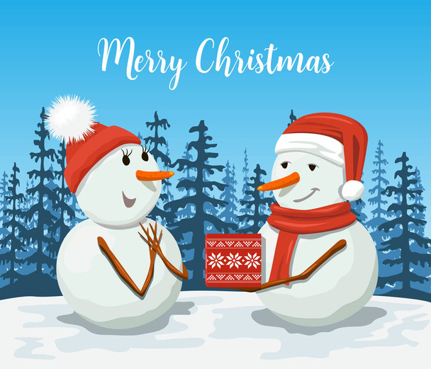 Friendly Snowmen in a santa hat. Snowwoman. Smiling Frosty with a gift box. Winter landscape with forest silhouette. - Vector, Image