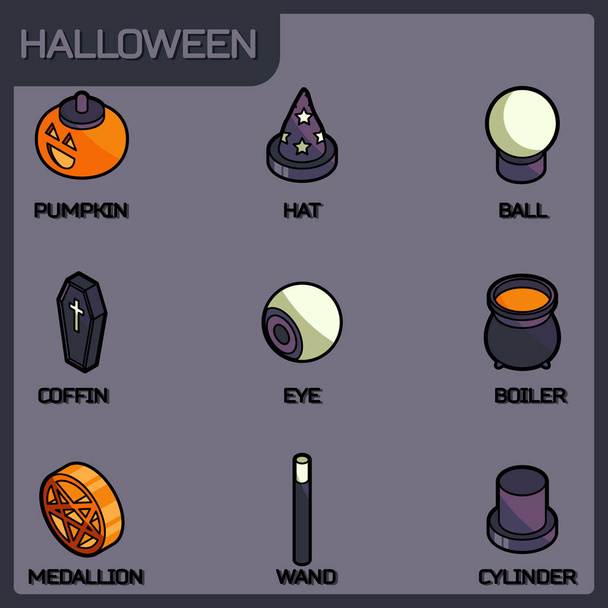 Halloween color isometric icons - Vector, Image
