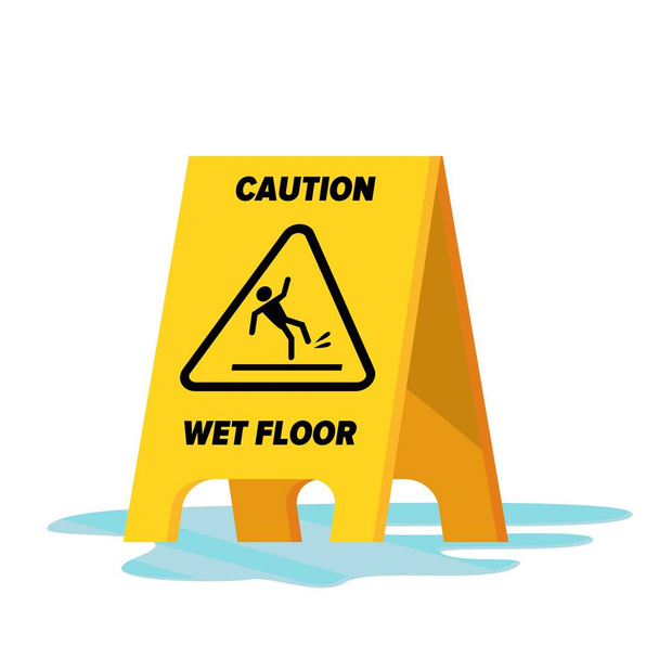 Nedves padlón vektor. Klasszikus sárga figyelmeztetés figyelmeztető nedves padlón jel. Elszigetelt lapos illusztráció. - Vektor, kép