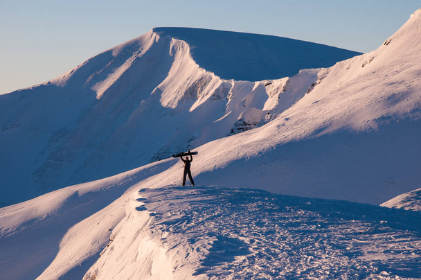  Dívka udržet její snowboardu nad sebe v horách v zimě. - Fotografie, Obrázek